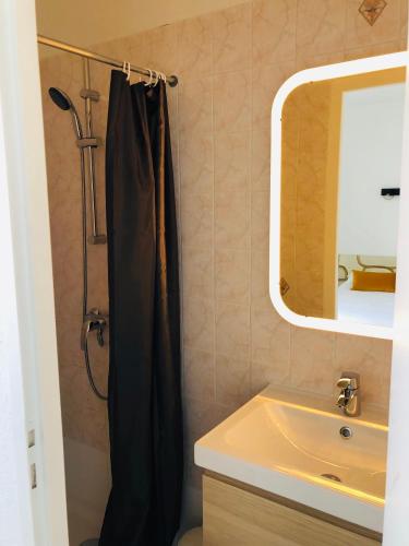 une salle de bain avec un rideau de douche et un lavabo dans l'établissement Artimon Beach appart Les Sables d Olonne, à Les Sables-dʼOlonne