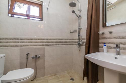 a bathroom with a shower and a toilet and a sink at White Hotel Guesthouse in Zugdidi