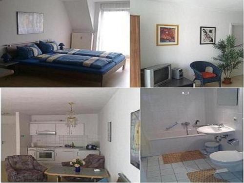 2 fotos de un dormitorio con cama y baño en Apartment Berliner Strasse, en Leipzig