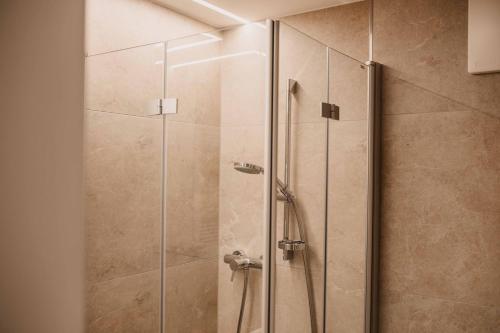 a shower with a glass door in a bathroom at Landhaus Rohrmoser in Werfenweng