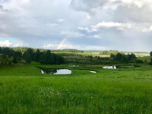 a rainbow over a golf course with a green field at Srokowski Dwór 1 - Mazurski Dwór - 450m2 in Srokowo