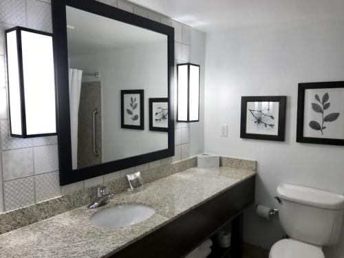 a bathroom with a sink and a toilet and a mirror at Country Inn & Suites by Radisson, Lake George Queensbury, NY in Lake George