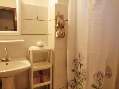 La salle de bains blanche est pourvue d'un lavabo et d'une douche. dans l'établissement Nikos Victoria, à Skiathos Chora