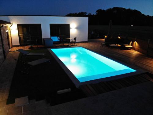 a swimming pool in a backyard at night at B&B Presende in Veurne