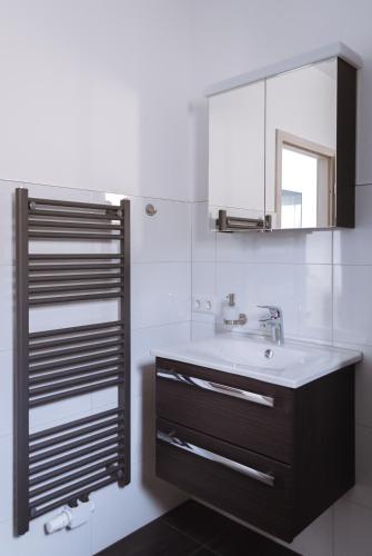 a bathroom with a sink and a mirror at Glindower Alpen Pension in Werder
