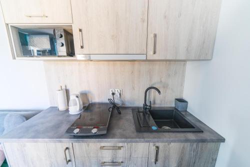 a kitchen with a sink and wooden cabinets at Pokoje Iga in Władysławowo