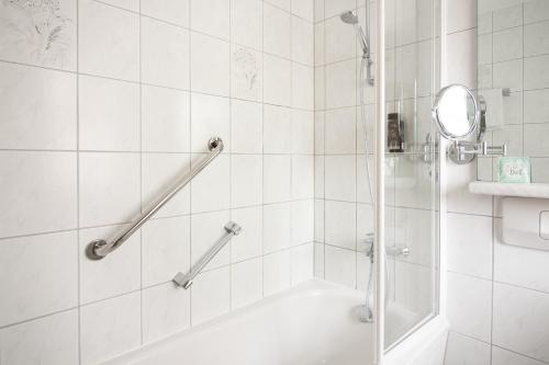 uma casa de banho com um chuveiro, uma banheira e um espelho. em Landschloss Ernestgrün em Neualbenreuth