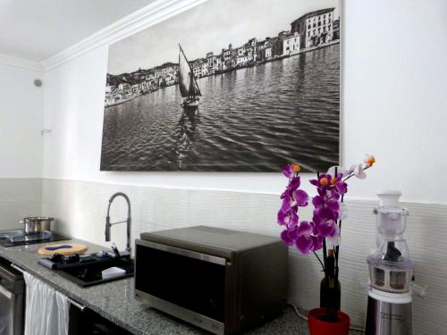 una encimera de cocina con TV y un cuadro en la pared en Clelia's Boutique Rooms & Suites, en La Maddalena