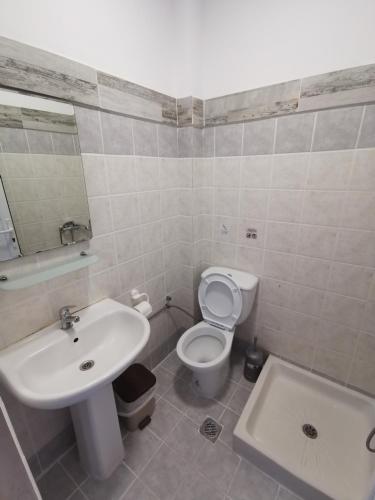 a bathroom with a sink and a toilet at Polychrono GREEN GARDENS in Polychrono