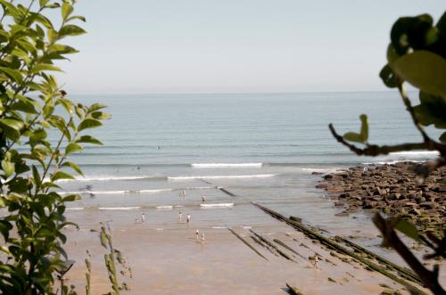a beach with people standing in the water at NUEVO Katu Kale Apartamentuak CENTRO HISTORICO in Getaria