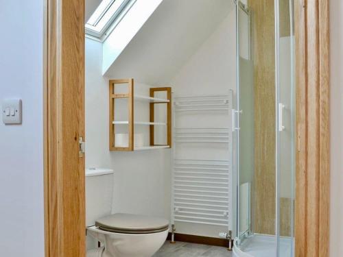 a bathroom with a toilet and a glass shower at The Coolins cottage with wood burner in Strathcarron
