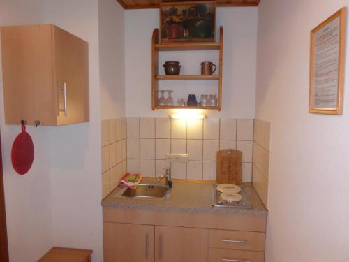 a small kitchen with a sink and a counter at Gästehaus Balzer in Marburg an der Lahn