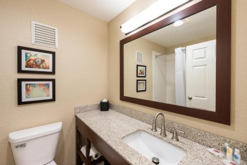 a bathroom with a sink and a toilet and a mirror at Comfort Inn Onalaska - La Crosse Area in Onalaska