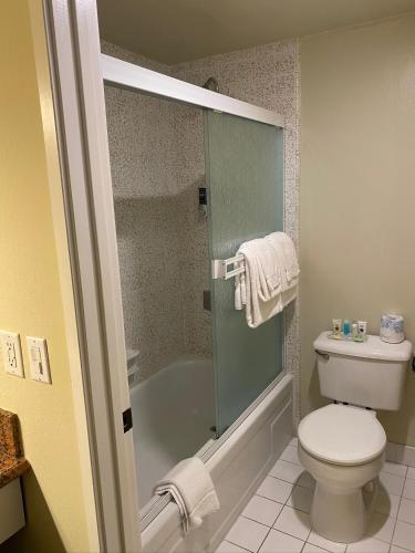 a bathroom with a toilet and a glass shower at The Olympia Lodge in Pacific Grove