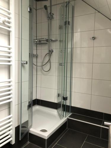 y baño con ducha y puerta de cristal. en Schiller Pension, en Bielefeld
