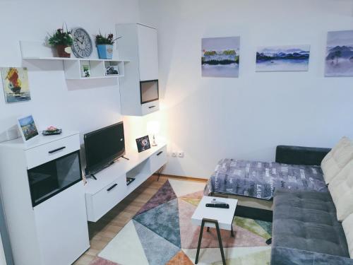 a living room with a couch and a tv at Cozy Corner Apartments - Free parking & Wi-fi in Ćuprija