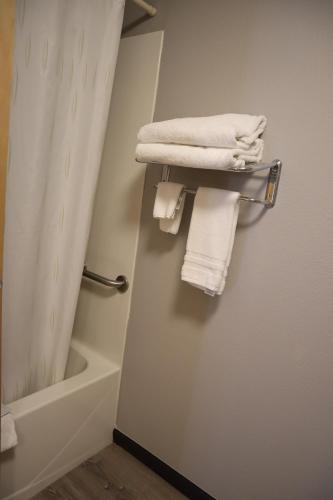 un bagno con asciugamani bianchi su uno scaldasciugamani di Express Inn & Suites Eugene a Eugene