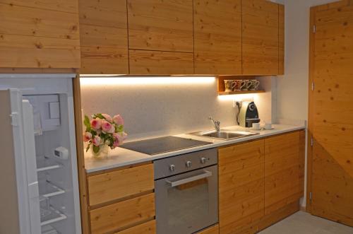 a kitchen with wooden cabinets and a sink and a refrigerator at Casa vacanze Heidi e Peter Val di Rabbi in Rabbi