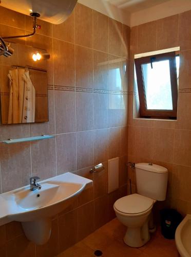 a bathroom with a sink and a toilet and a window at Villa Romana in Topola