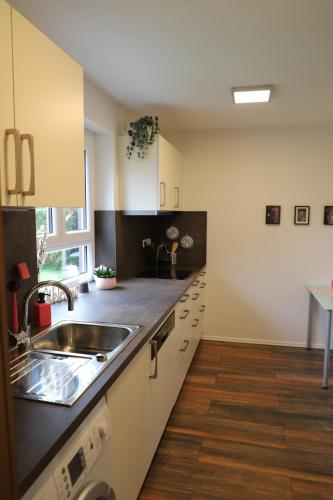 a kitchen with a sink and a counter top at Ferienhaus Irene in Friedrichshafen