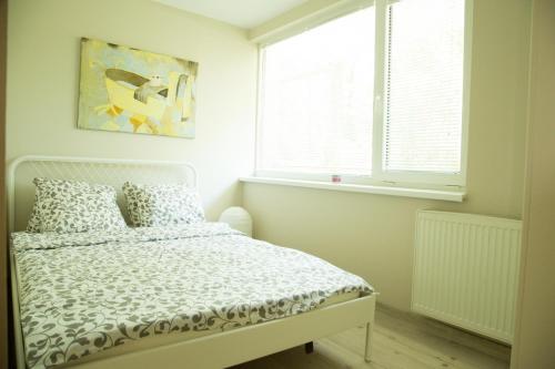 a white bedroom with a bed and a window at Camping Oaza Błonie Kórnik Domki Standard Plus - 3 pokoje in Kórnik