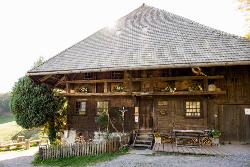 a large wooden house with a large roof at Berghaus Freiburg - Appartement Hotel auf dem Schauinsland in Oberried