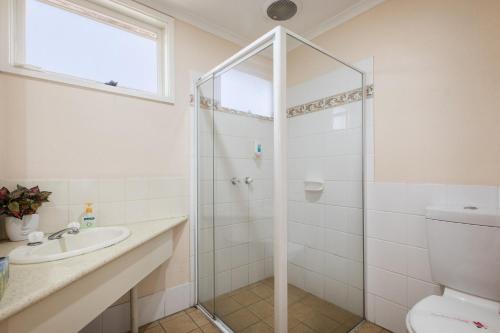 a bathroom with a shower and a sink and a toilet at Australia Park Motel in Albury