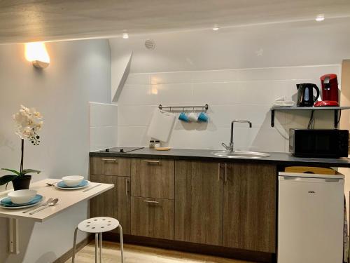 une cuisine avec un évier et un plan de travail dans l'établissement Mon petit nid d'amour au cœur historique de Fréjus, à Fréjus