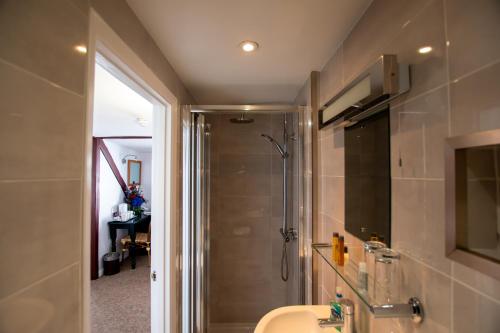 a bathroom with a shower and a sink at New Steine Hotel - B&B in Brighton & Hove