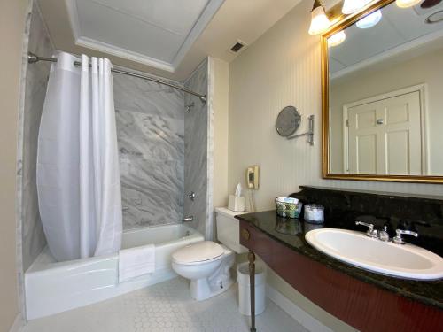 a bathroom with a sink and a toilet and a shower at General Morgan Inn in Greeneville