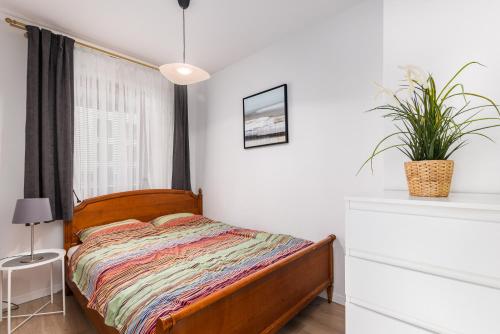 - une chambre avec un lit et une plante en pot dans l'établissement BG Apartments Grzybowska, à Varsovie