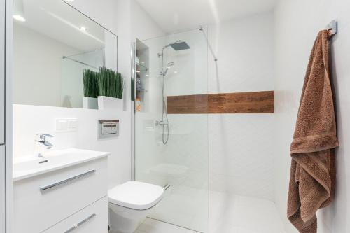 een badkamer met een douche, een toilet en een wastafel bij BG Apartments Grzybowska in Warschau