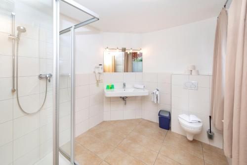 a bathroom with a shower and a toilet and a sink at Elto Appartements in Kaprun