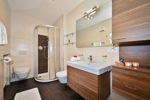 a bathroom with a sink and a shower and a toilet at AlpenChalet Niederkofler in San Giovanni in Val Aurina