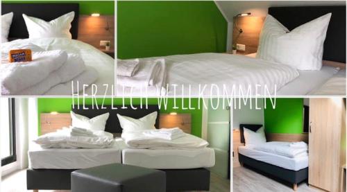 a collage of four pictures of a bedroom with a bed at Hotel Unter den Linden in Kierspe