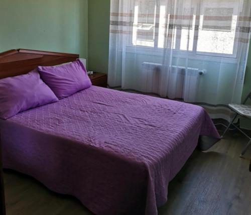 - un lit violet dans une chambre avec fenêtre dans l'établissement Piso Auditorio Ourense, à Ourense