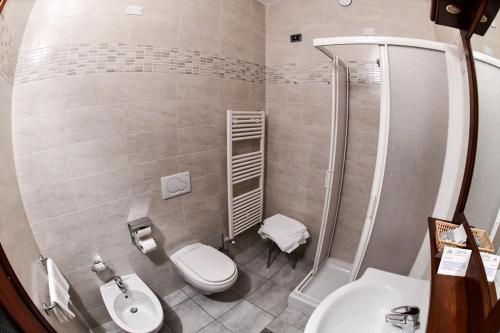 a bathroom with a shower and a toilet and a sink at Hotel Monte Nebin in Sampeyre