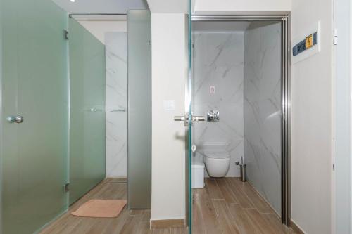 a bathroom with a glass shower door and a toilet at Belussi Beach Hotel & Suites in Kipseli