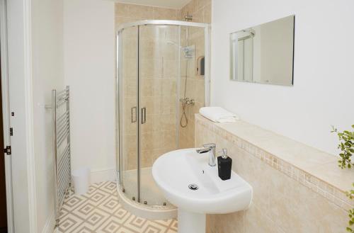a bathroom with a sink and a glass shower at Listers Nest in Exley