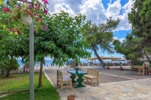 a park with two benches and a table and trees at Agapitos Apartments in Nikiti