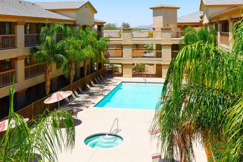 een appartementencomplex met een zwembad en palmbomen bij Siegel Select Casa Grande in Casa Grande