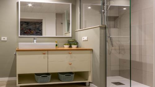La salle de bains est pourvue d'un lavabo et d'une douche. dans l'établissement Apartamento El Califa - 1 Habitación, à Cordoue