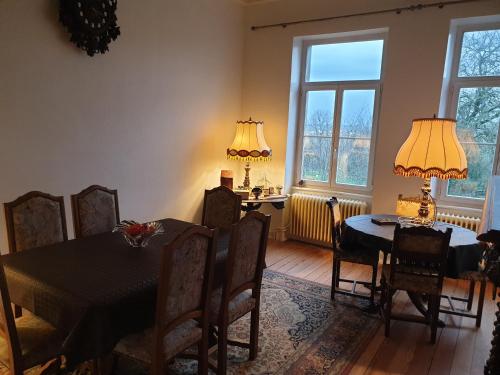 une salle à manger avec une table et des chaises et deux fenêtres dans l'établissement L'OBSIDIENNE, à Lixheim