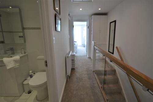 een witte badkamer met een toilet en een wastafel bij Jan Dee Cottage in Ventnor