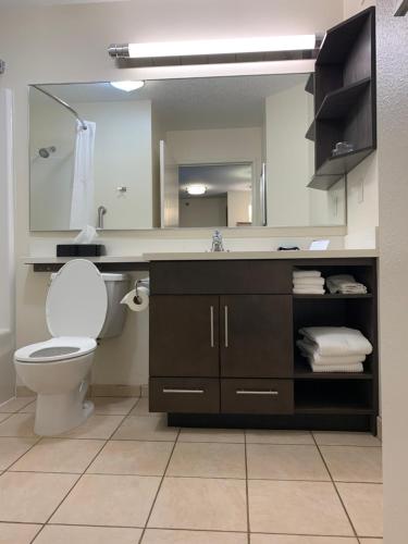 a bathroom with a toilet and a large mirror at Candlewood Suites Fargo-North Dakota State University by IHG in Fargo