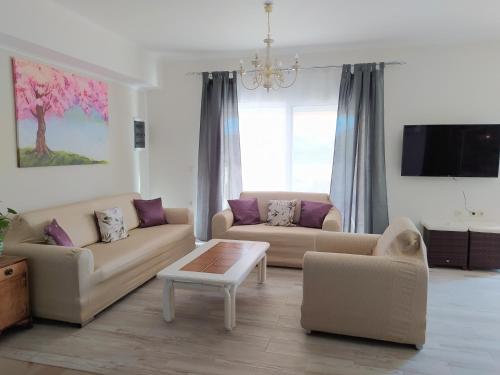 ein Wohnzimmer mit 2 Sofas und einem TV in der Unterkunft Villa Tesoro in Agios Georgios