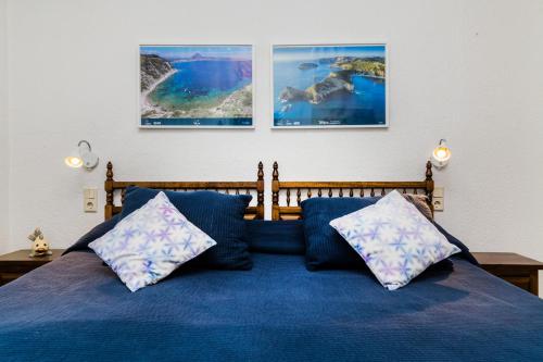 a bedroom with a blue bed with three pictures on the wall at Villa Casa Vincella in Balcon del Mar