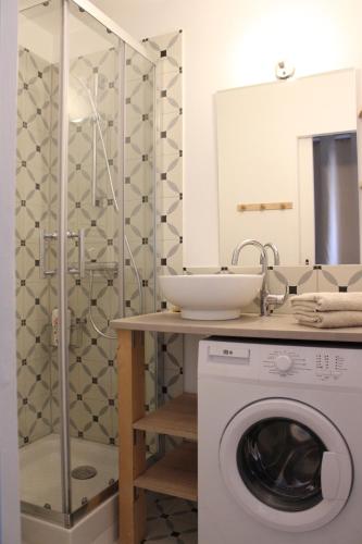 ein Badezimmer mit einer Waschmaschine und einem Waschbecken in der Unterkunft Studio plein coeur d'Auxerre in Auxerre