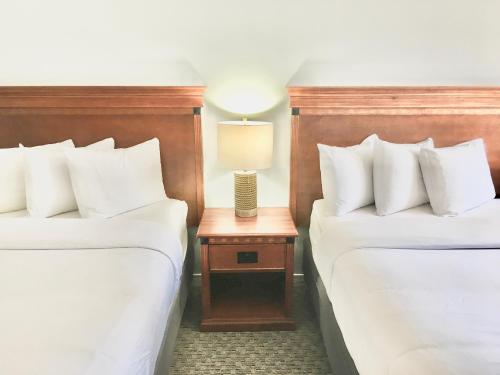 a hotel room with two beds and a table with a lamp at Empire Lakeshore Inn in Empire