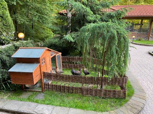 mały domek z kurczakami siedzącymi w trawie w obiekcie Hotel Bozhentsi w mieście Chernevtsi